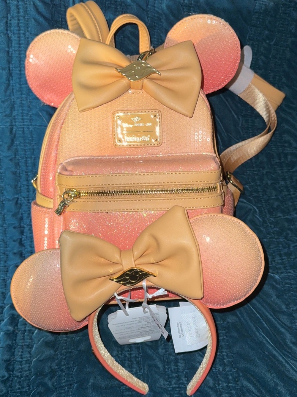 Disney Peach Ombre Sequin Mini Backpack with Bow Ear Headband